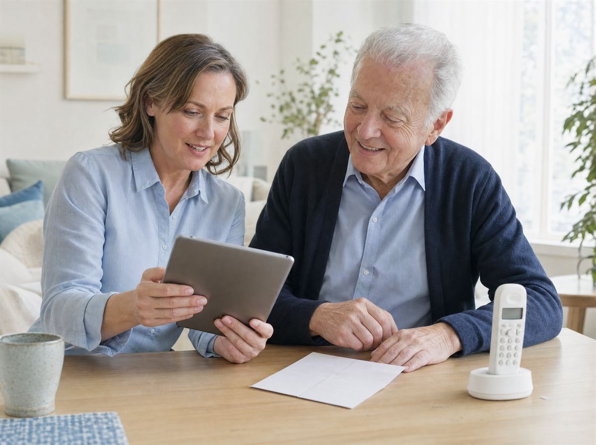 Tochter und Vater sitzen am Tisch und schauen gemeinsam auf ein Tablet und eine Telefonrechnung